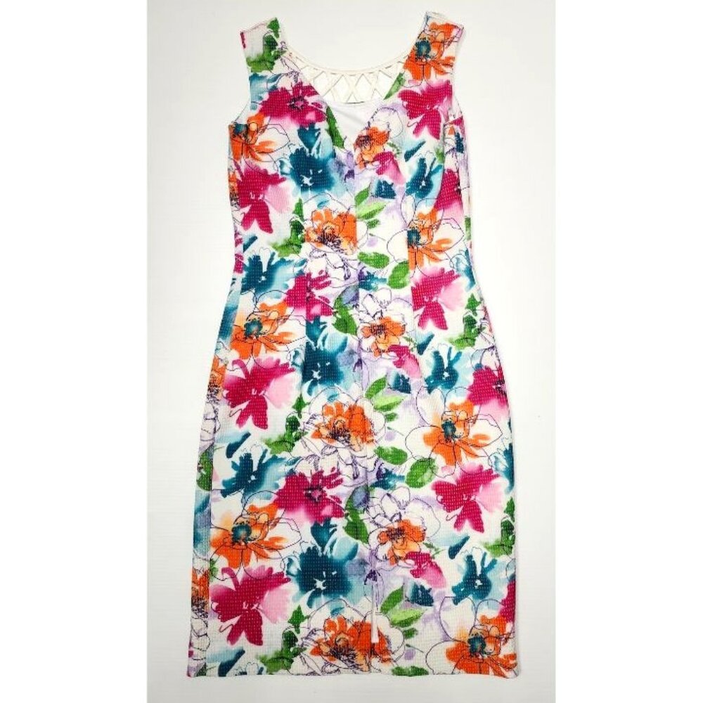 Olimara Women's White/Floral Sleeveless Dress W/Lacing Neck Pattern Size 8 & 10